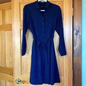 Pinstripe dress with belt & pleat in middle of skirt.  Perfect for the office!